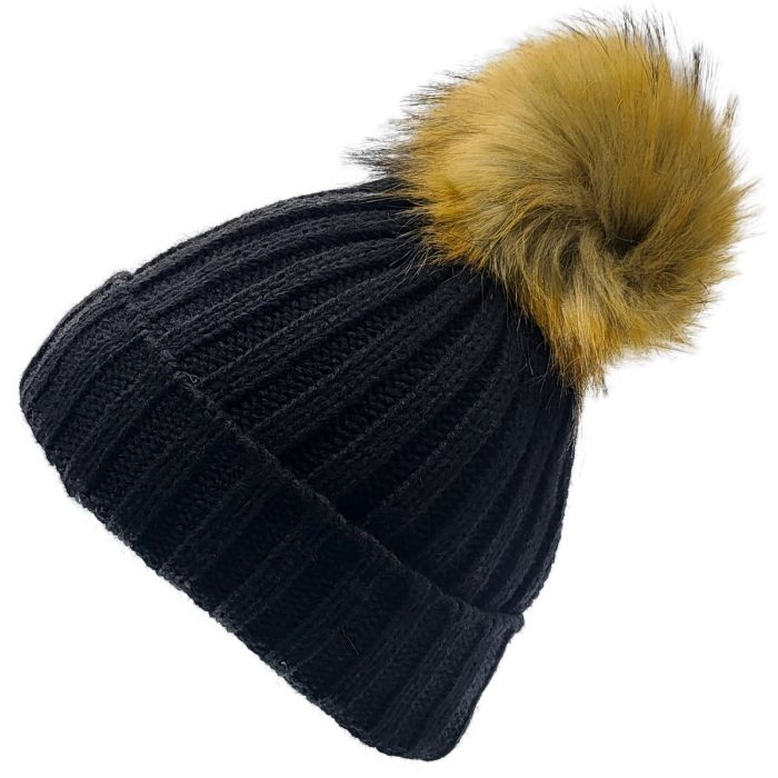 Knitted Beanie with Fleece Lining and Detachable Pompom
