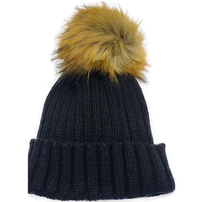 Knitted Beanie with Fleece Lining and Detachable Pompom