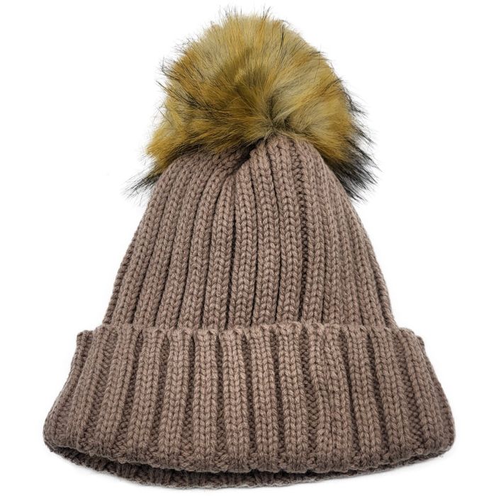 Knitted Beanie with Fleece Lining and Detachable Pompom