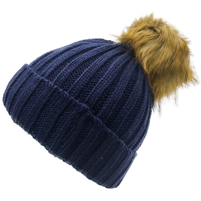 Knitted Beanie with Fleece Lining and Detachable Pompom