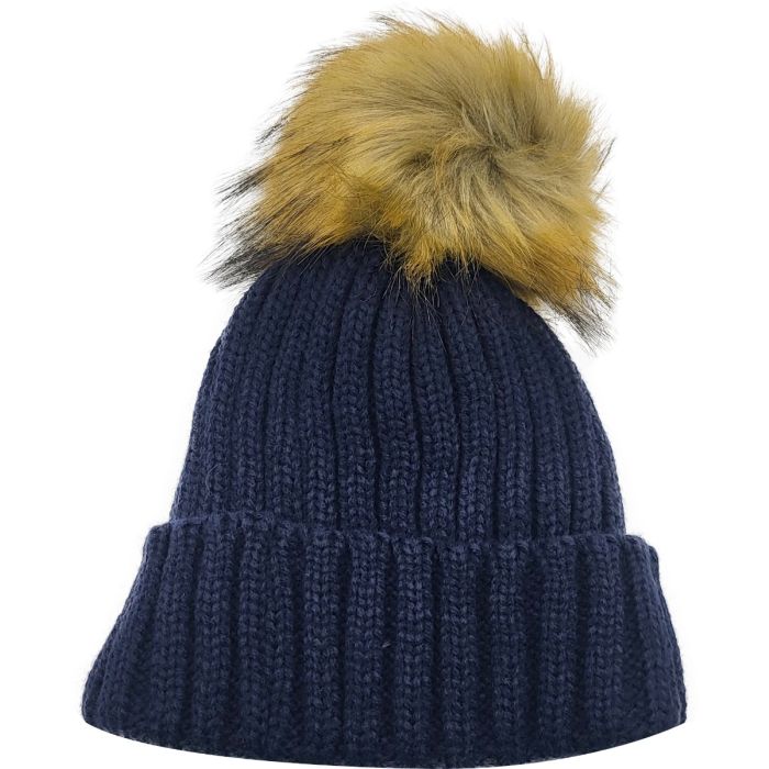 Knitted Beanie with Fleece Lining and Detachable Pompom