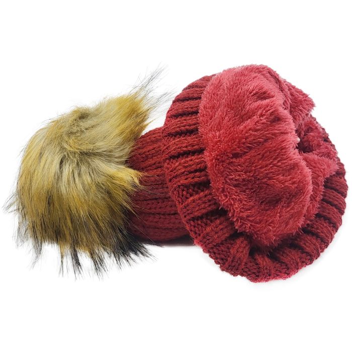 Knitted Beanie with Fleece Lining and Detachable Pompom