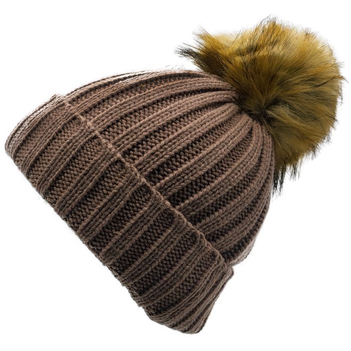 Knitted Beanie with Fleece Lining and Detachable Pompom