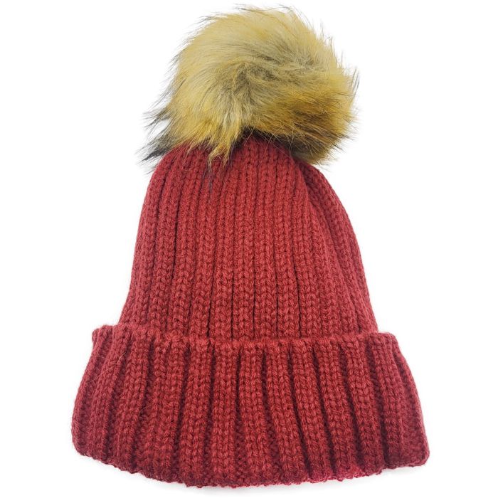 Knitted Beanie with Fleece Lining and Detachable Pompom