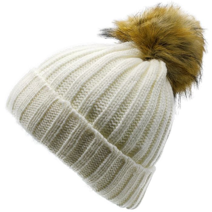 Knitted Beanie with Fleece Lining and Detachable Pompom