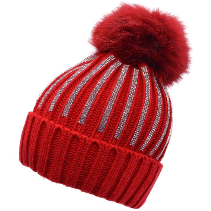 Real Fur Pompom Beanie With Cultured Diamonds