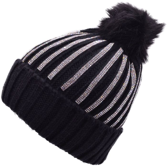 Real Fur Pompom Beanie With Cultured Diamonds