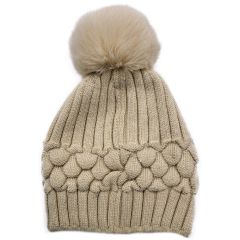 Faux Fur Pineapple Pompom Beanie-Beige