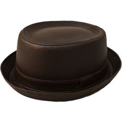 Faux Leather Pork Pie Hat - Brown