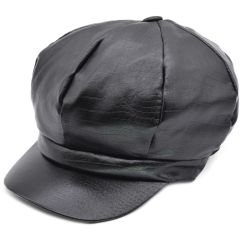 Black Faux Leather Newsboy Hat