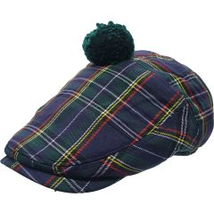 Scottish Tartan Pompom Flat Cap - Navy Blue