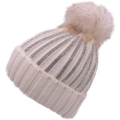 Real Fur Pompom Beanie With Cultured Diamonds - White