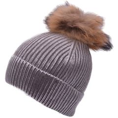 Gold & Silver Real Fur Pompom Beanie - Silver