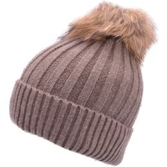 Real Fur Pompom Beanie - Beige