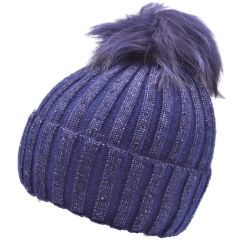Real Fur Pompom Beanie - Navy