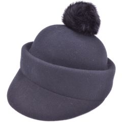 Womens Peaked Wool Cloche Hat With Pompom - Black