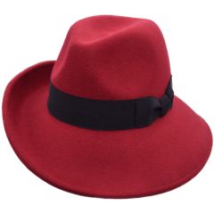 Womens Wide Brim Wool Felt Fedora Hat - Red