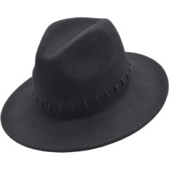 Womens Wide Brim Wool Felt Fedora Hat - Black
