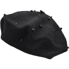 Womens Beaded Wool Beret - Black