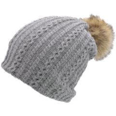 Faux Fur Pompom Beanie - Grey - Standard