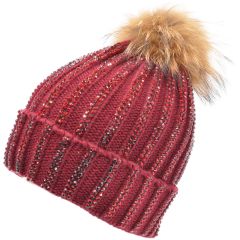 Faux Fur Pompom Beanie With Cultured Diamonds - Burgundy