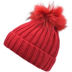 Kids Real Fur Pompom Beanie - Red