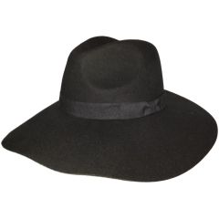 Womens Wide Brim Wool Felt Fedora Hat - Black